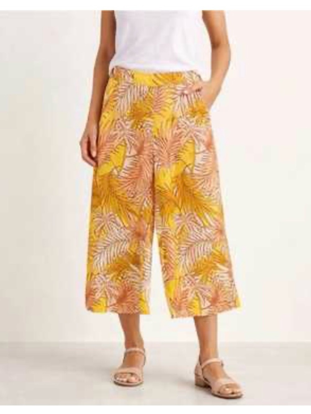 NWT Tahari Linen Wide Leg Crop Pants Tropical Palm Leaf Yellow Pink Linen Medium